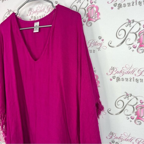 Accessory Street coverup dress tassle sides beach rayon Pink Poncho with Fringe - Picture 4 of 9